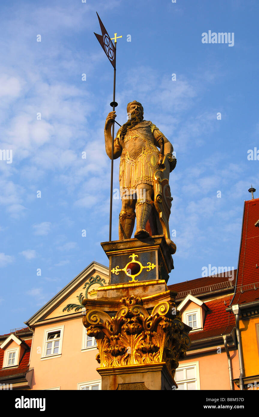 Roland-Statue vor dem Haus des Roten Ochsen, Haus Zum Roten Ochsen, an der Fisch Markt, Erfurt, Thüringen, Deutschland Stockfoto