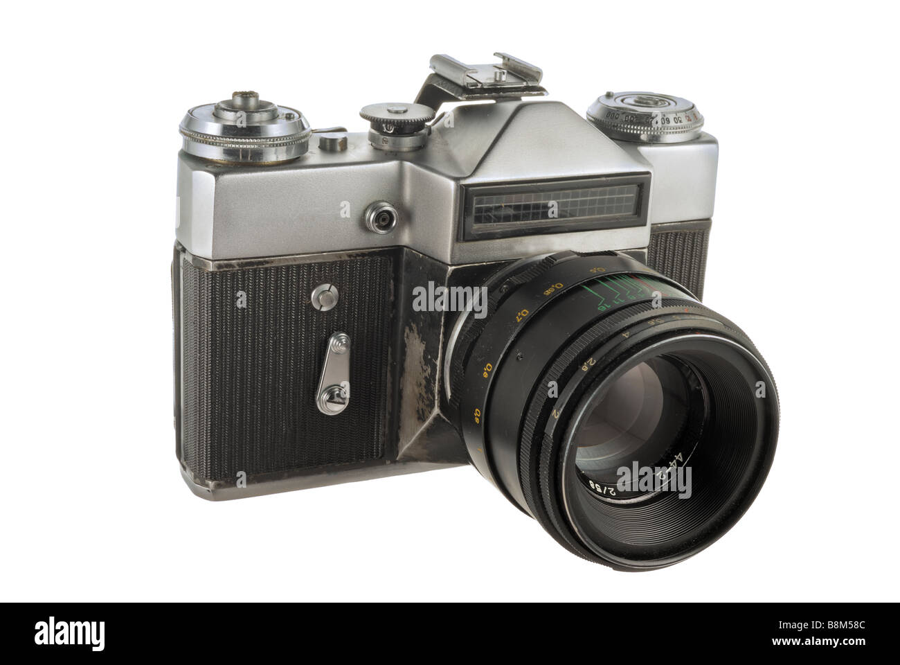 Alte Fotokamera mit Objektiv hautnah Stockfoto