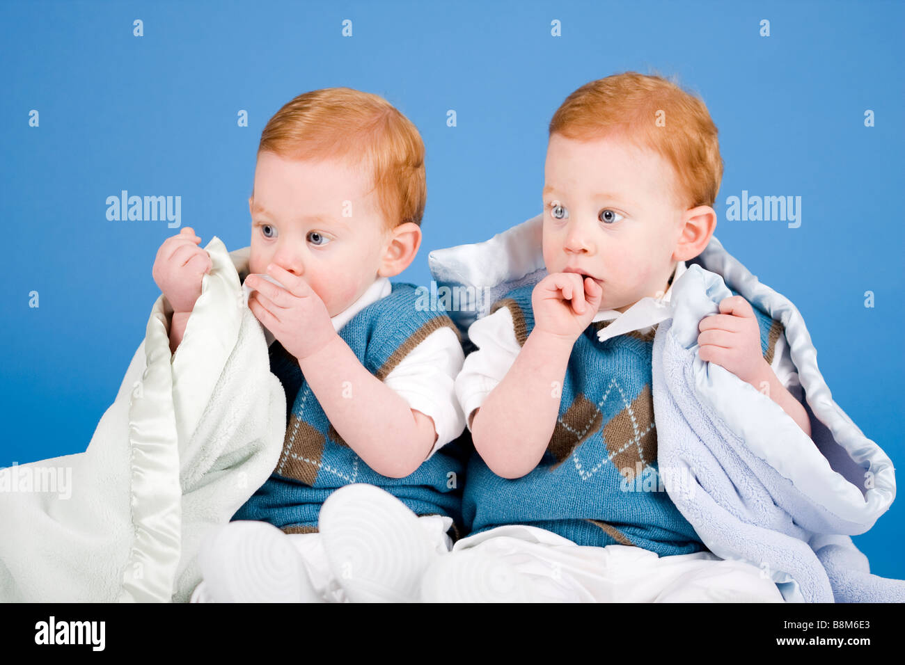 Niedliche Rothaarige Zwillinge in Studioportrait mit blauem Hintergrund Stockfoto