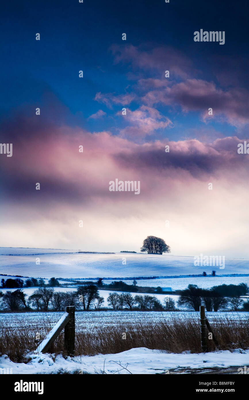 Eine stürmische schneereichen Winter Landschaftsansicht oder Szene auf Overton Hill in der Nähe von Marlborough Wiltshire England UK Stockfoto