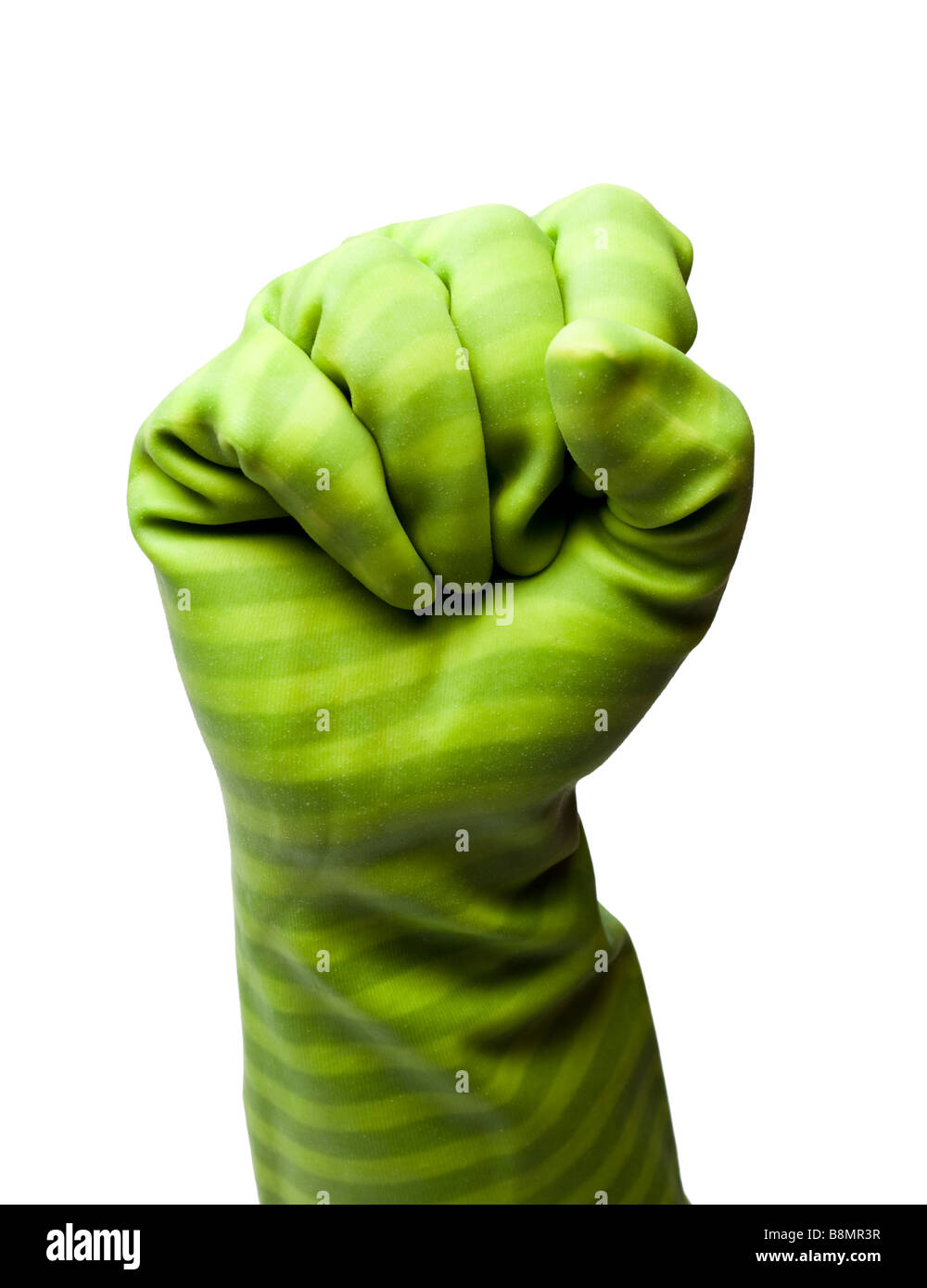 Weibliche Hand im Gummihandschuh, die geballte Faustform auf weißem Ausschnitt macht - Geschlecht, Stärke, Solidaritätskonzept Stockfoto