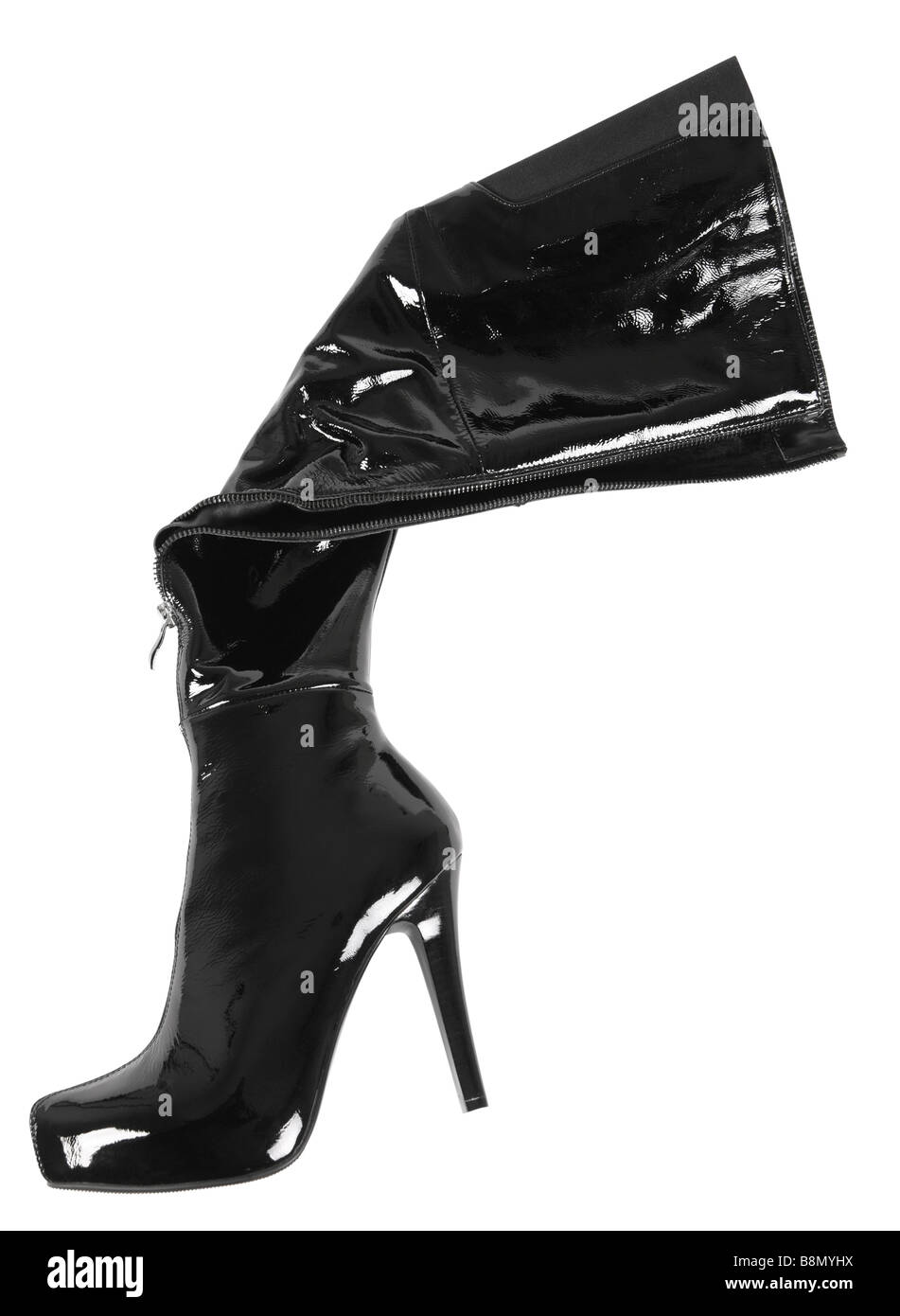 Schwarze hohe Schuhe Detail auf weißem Hintergrund Stockfoto