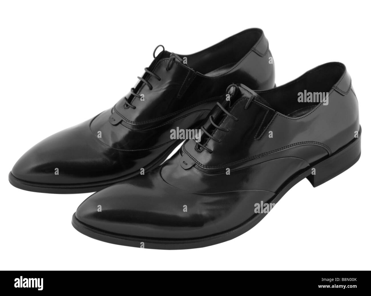 Schwarze Männer Schuhe Detail auf weißem Hintergrund Stockfoto