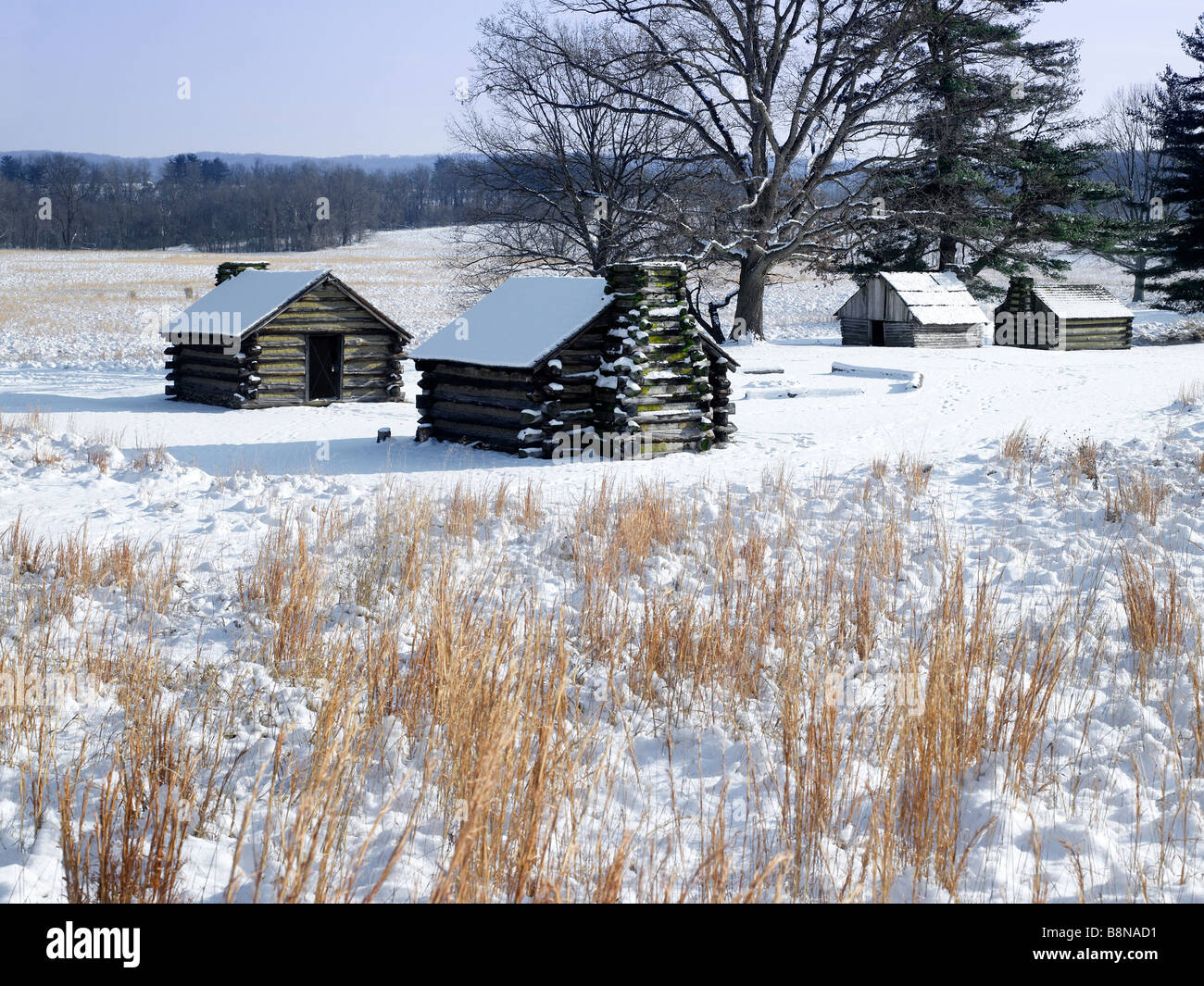 Hütten im Winter Valley Forge National Park, Nationalpark Valley Forge, Pennsylvania USA Stockfoto