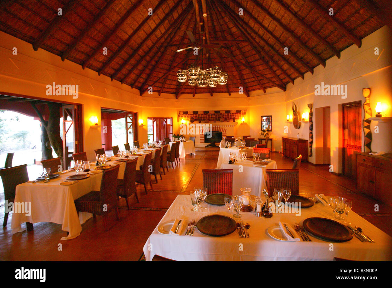 Der Essbereich der Chobe Chilwero Lodge Stockfoto
