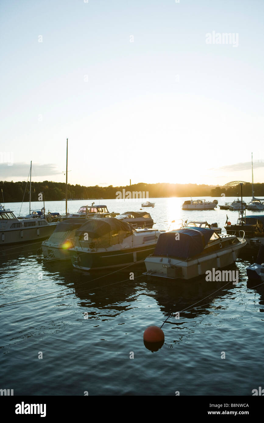 Schweden, Stockholm, Mälarsee, Marina bei Sonnenuntergang Stockfoto