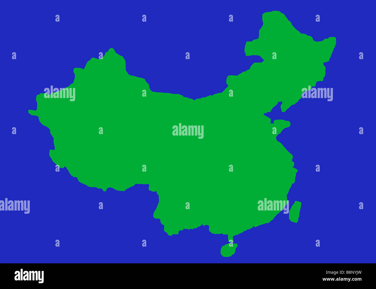 Grüne Umriß von China auf blauem Hintergrund isoliert Stockfoto