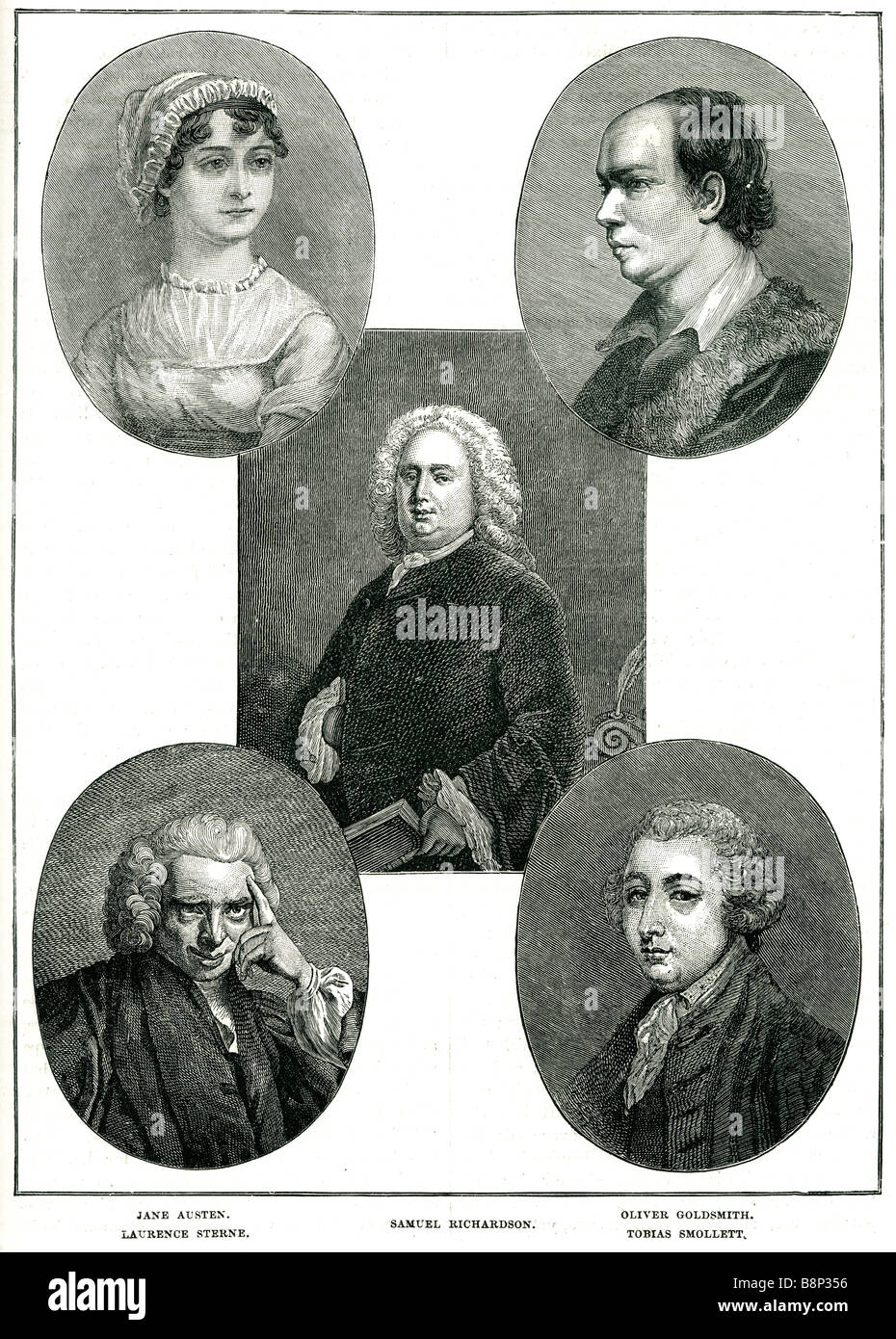 Jane Austen Laurence Sterne Samuel Richardson Oliver Goldschmied Tobias Smollett Stockfoto
