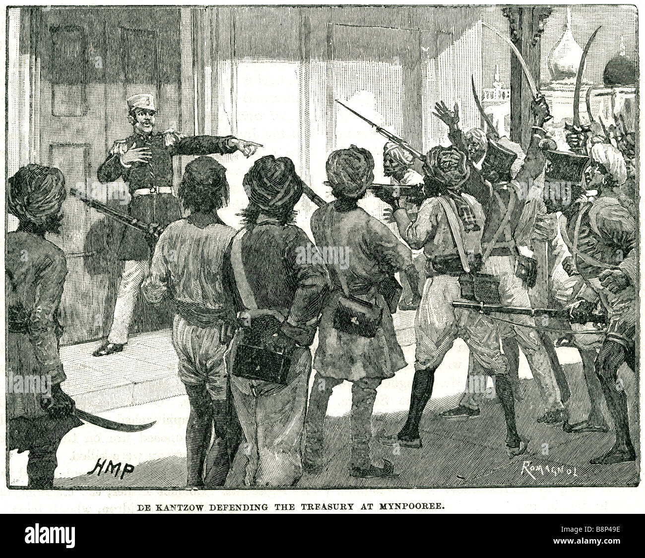 De Kantzow Treasury Mynpooree 1857 Mutineering Sepoys zu verteidigen Stockfoto