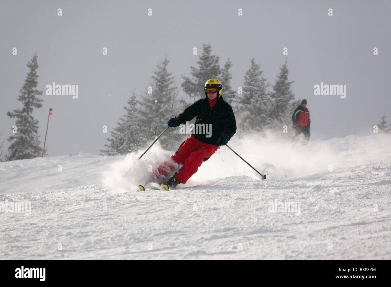 Skifahren mit frischer Schneedecke auf der Skipiste in den österreichischen Alpen im Winterschnee. Österreich Europa Stockfoto