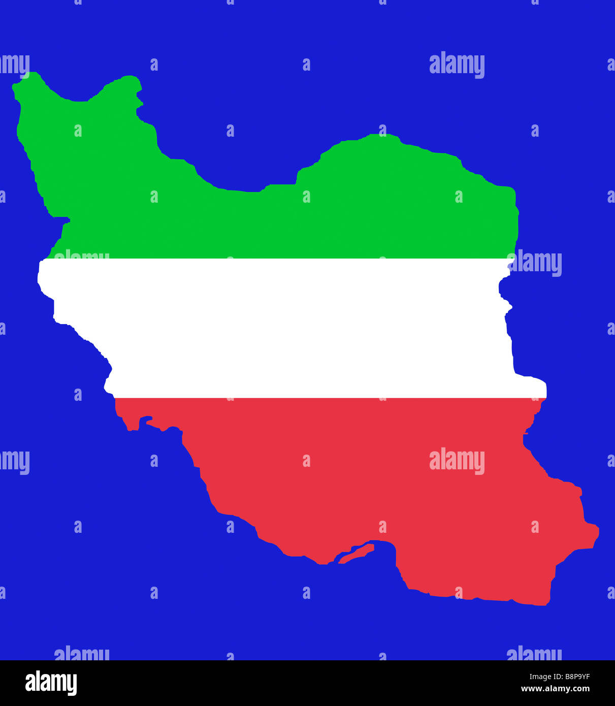 Flagge der farbigen Umriß des Iran isoliert auf blauem Hintergrund mit Beschneidungspfad Stockfoto
