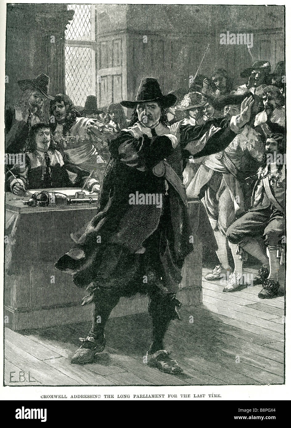 Cromwell vor dem langen Parlament in der letzten Zeit eine wirksame Soldat (den Spitznamen "Old Ironsides") er von führenden stieg Stockfoto