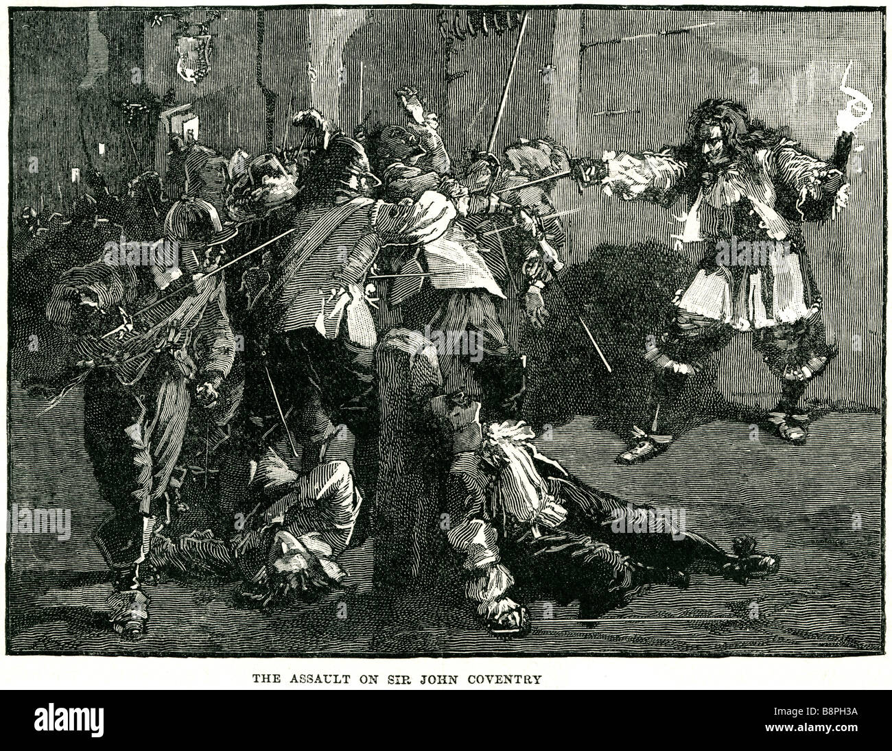 die Assualt auf Sir John Coventry Soldaten kämpfen Schwert traditionelle Kleidung Zeitraum Kleid Sir John Coventry (c. 1636 – 1682) war s Stockfoto