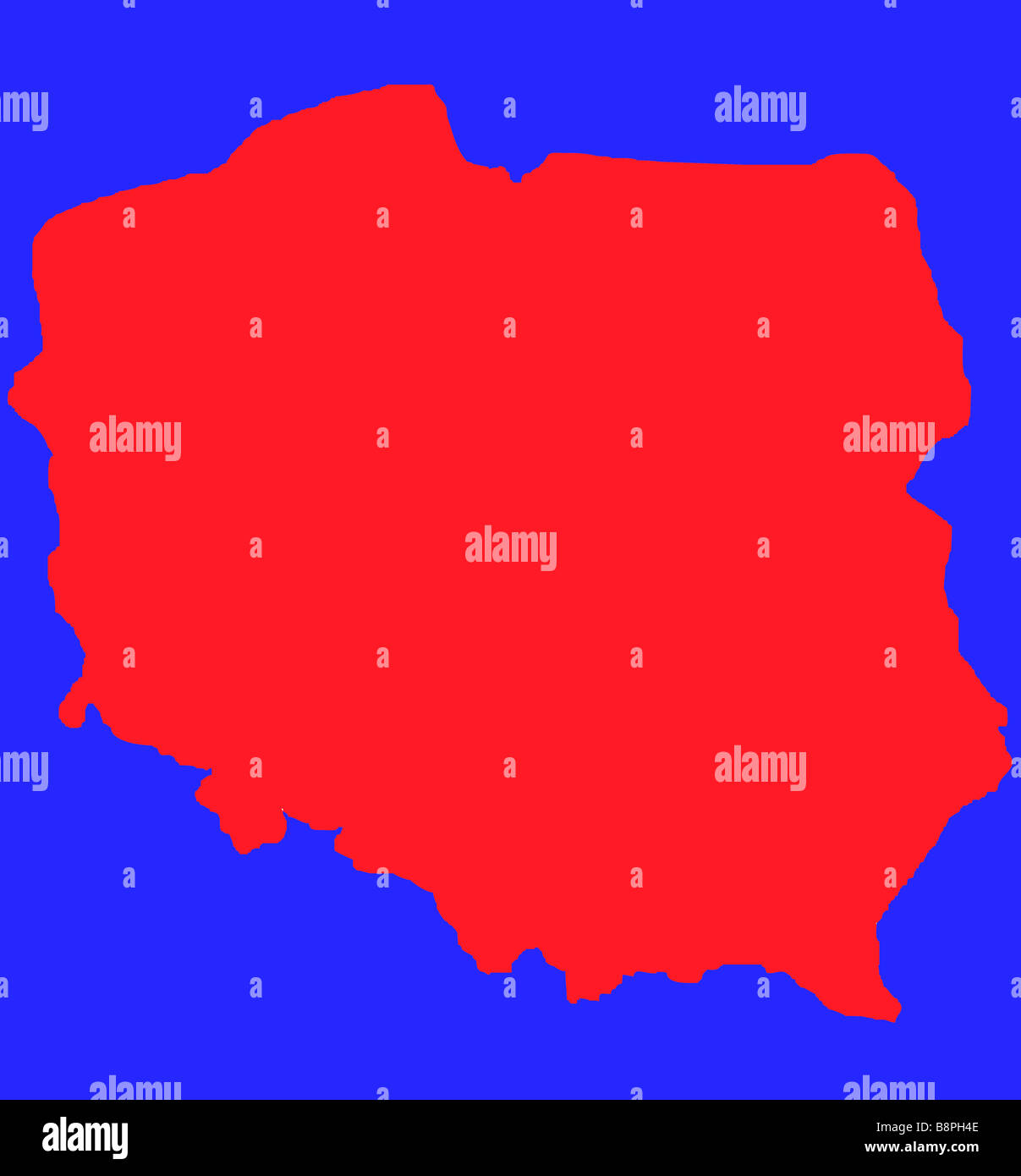 Roten Umriß von Polen isoliert auf blau mit Beschneidungspfad Stockfoto