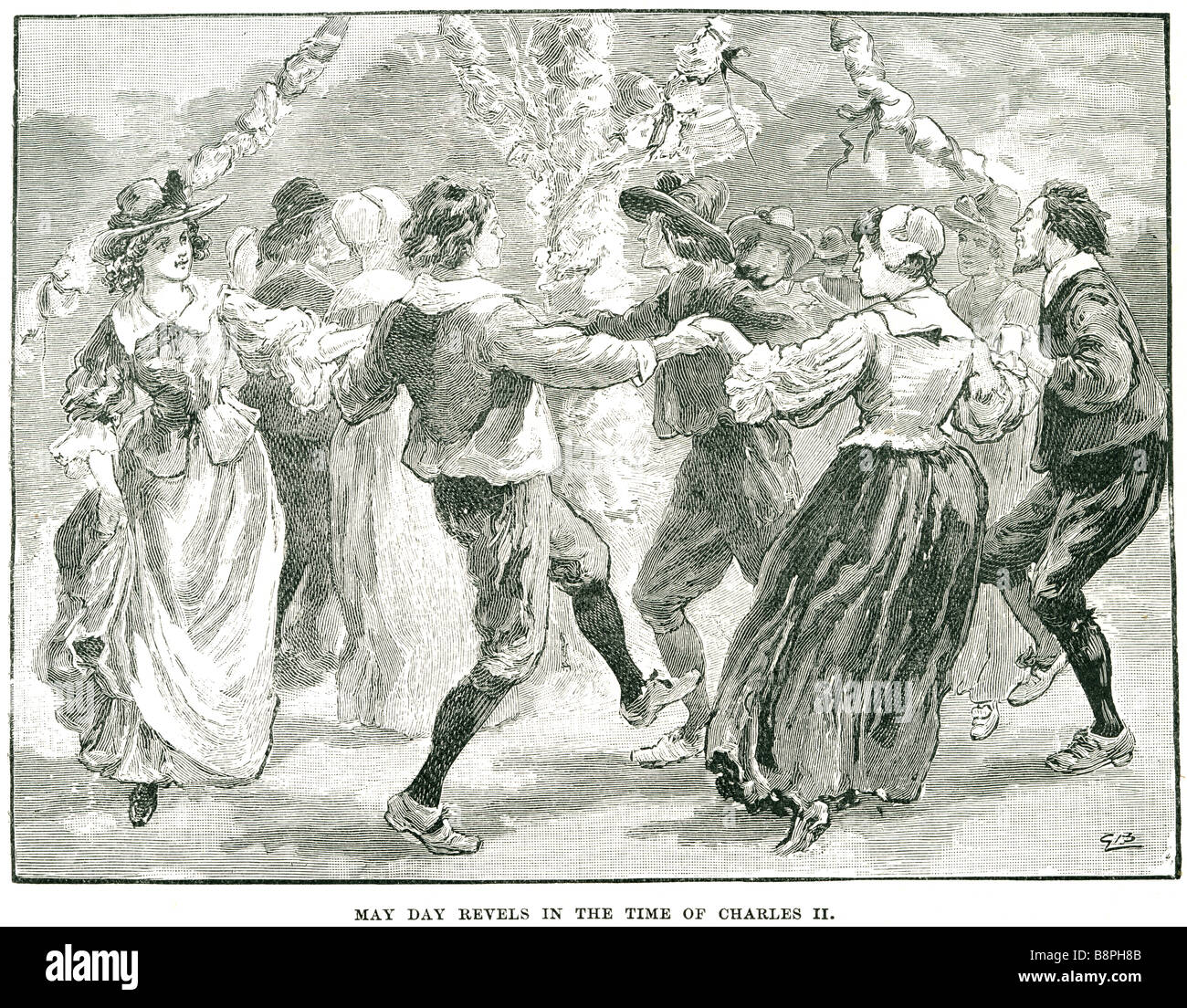 Maifeiertag schwelgt in der Zeit von Karl II. Partei Trachten Zeitraum Kleid Sommer Park Garten Pole dancing Spaß Leute Stockfoto