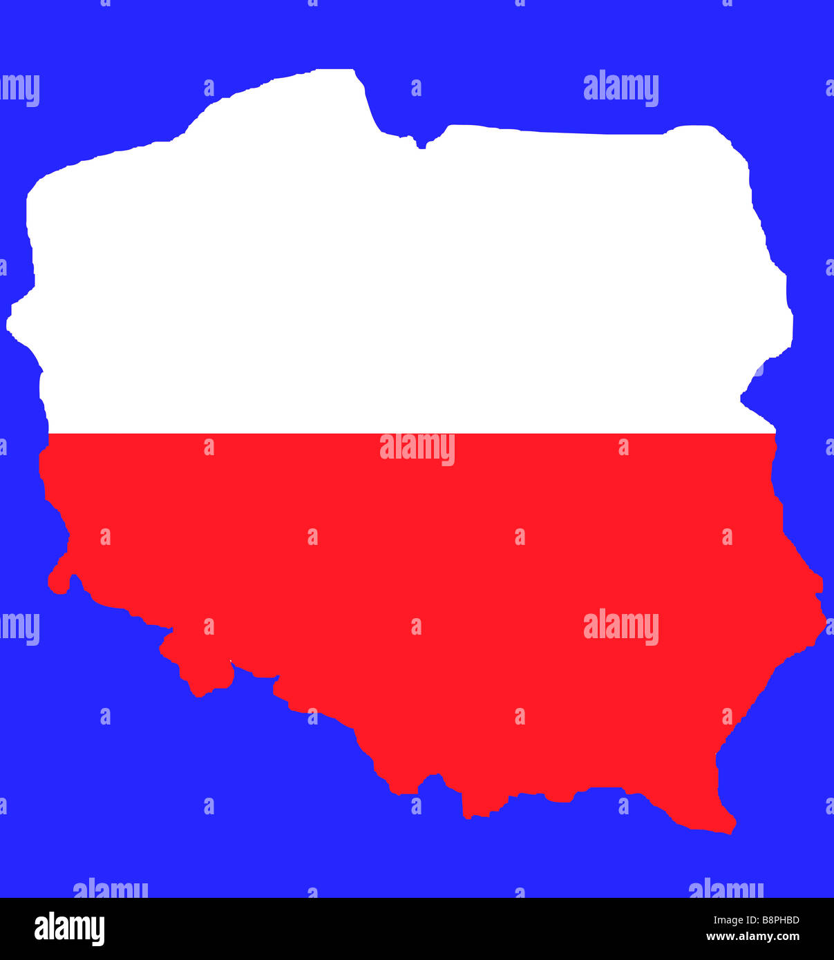 Roten Umriß von Polen in den Farben der Flagge auf blau mit Beschneidungspfad isoliert Stockfoto