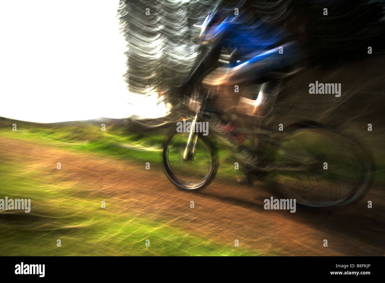 Mountainbike Rider bei Geschwindigkeit in Holz Stockfoto