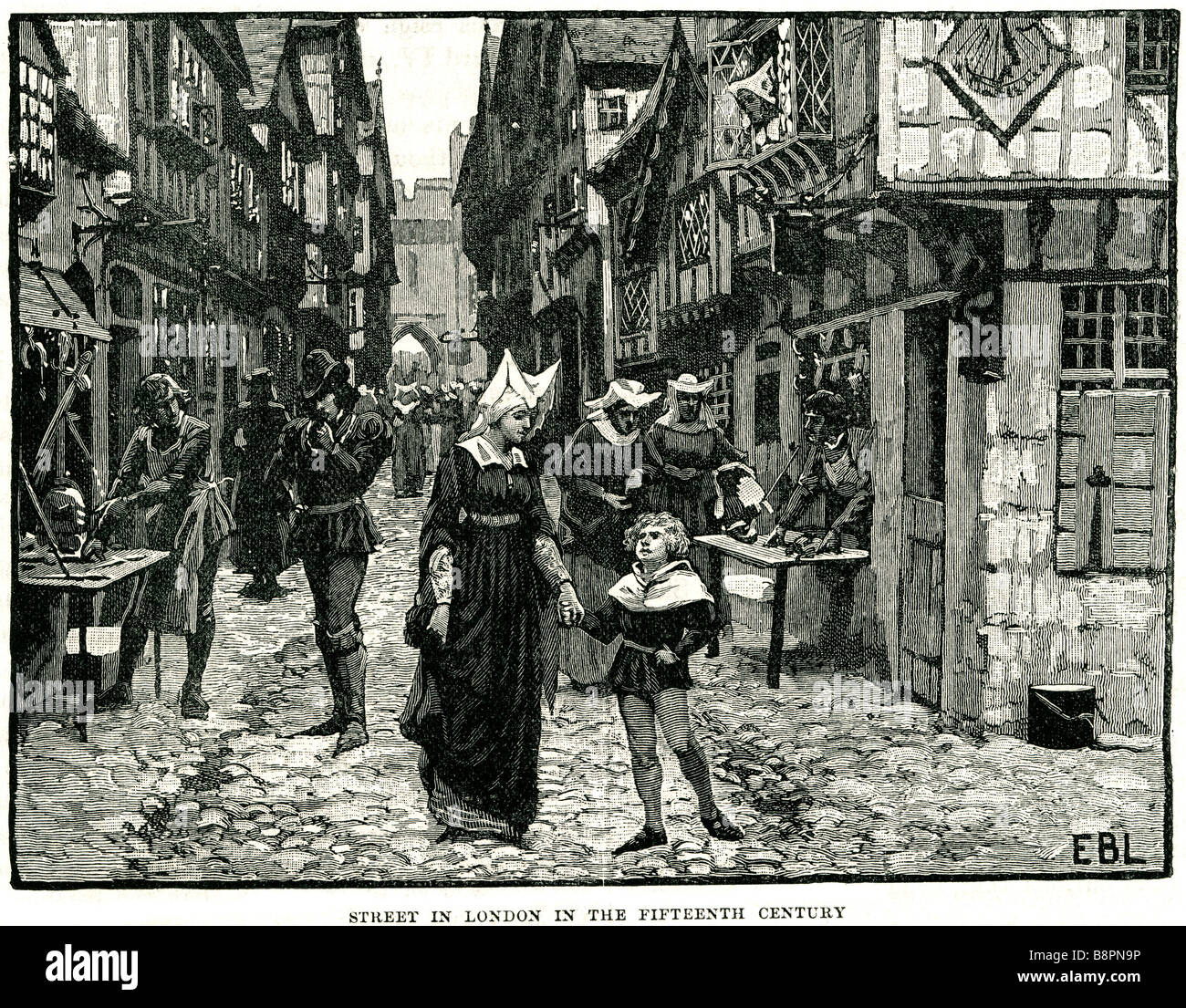 Straße London des fünfzehnten Jahrhunderts Black Death Bauern Kriege der Rosen Stockfoto