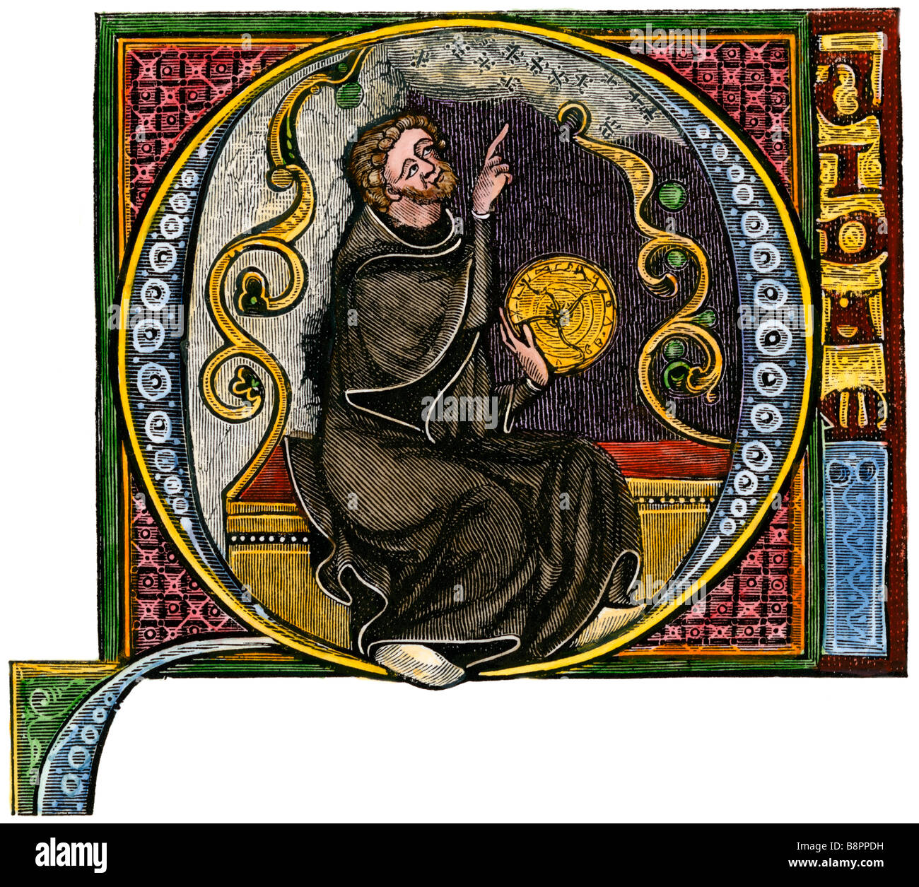 Astronom der Hexerei beschuldigt, eine Disc mit magischen Zahlen 1200. Hand - farbige Holzschnitt Stockfoto