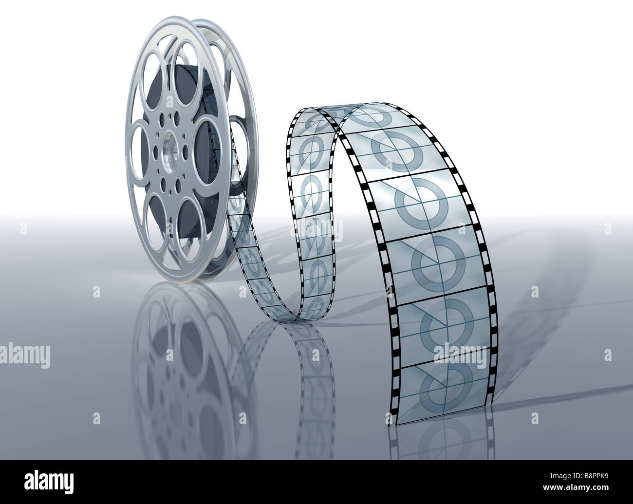 Beispiel für einen Film Reel und Film auf eine glänzende Oberfläche Stockfoto