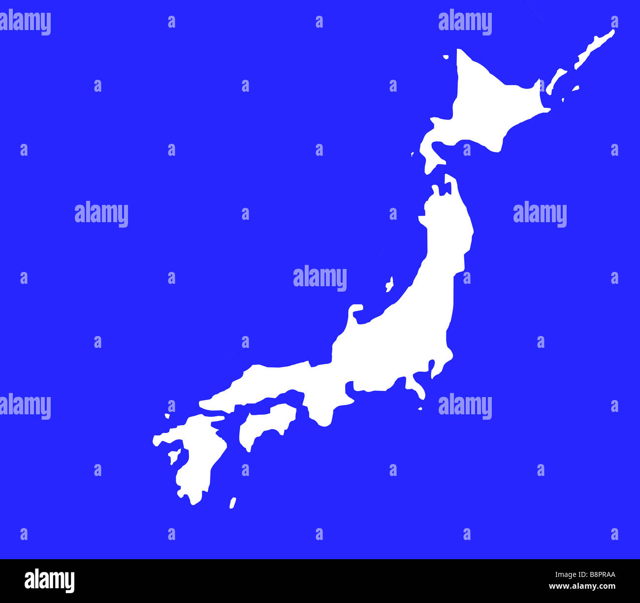 Insel von Japan Karte Umriss in weiß auf blauem Hintergrund mit Beschneidungspfad isoliert Stockfoto