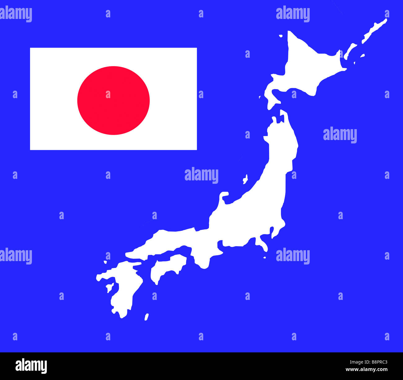 Insel von Japan Karte Umriss und Flagge in weiß auf blauem Hintergrund mit Beschneidungspfad isoliert Stockfoto