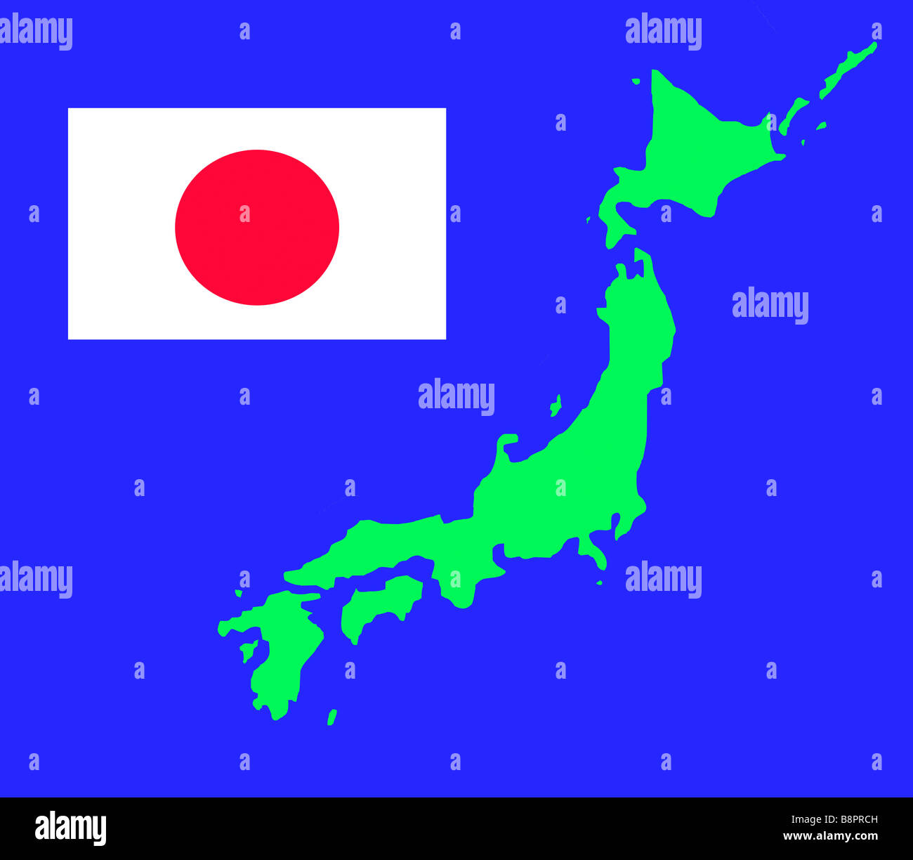 Insel von Japan Karte Umriss und Fahne in grün auf blauem Hintergrund mit Beschneidungspfad isoliert Stockfoto