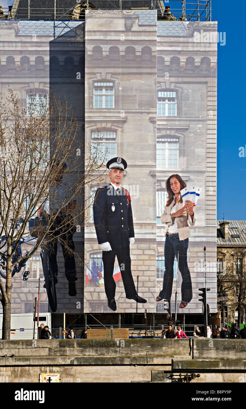 Gerüst Kunst für ein Gebäude am Quai du Marché Neuf, Paris, Frankreich Stockfoto