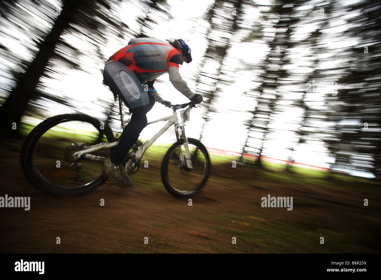 Mountainbike Rider bei Geschwindigkeit in Holz Stockfoto