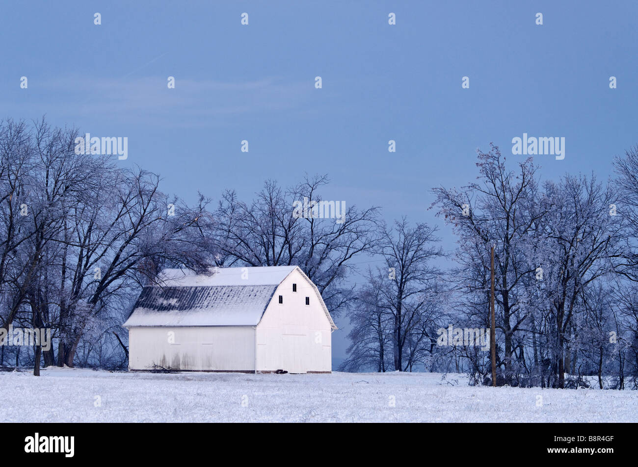 Weiße Scheune im Schnee in der Abenddämmerung im Harrison County Indiana Stockfoto