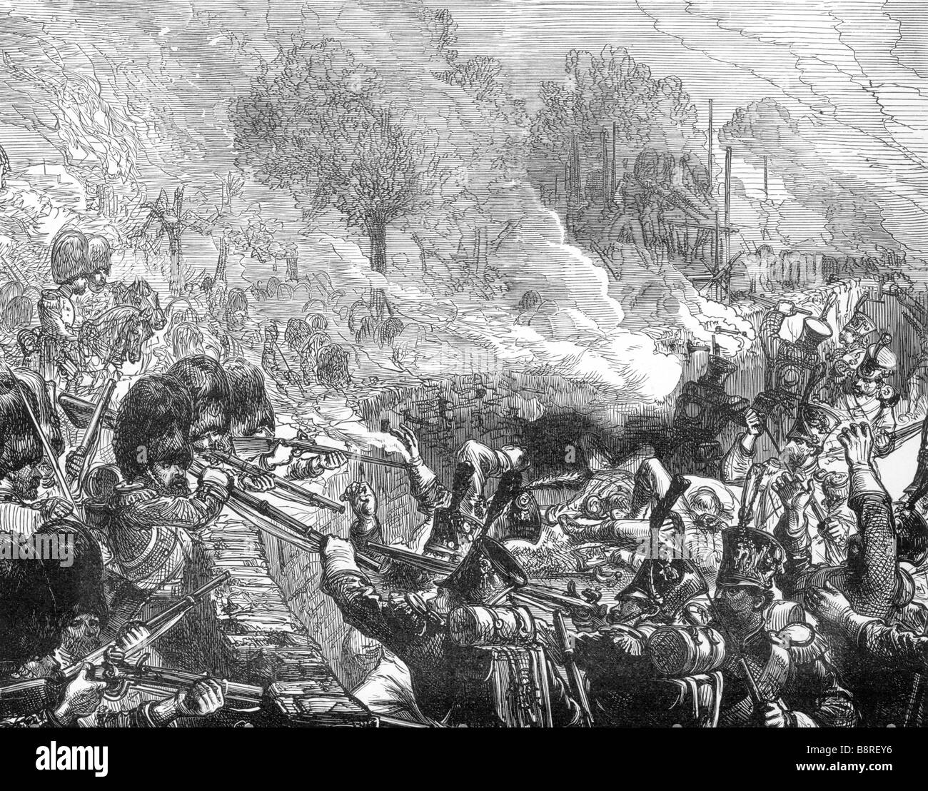 Die Verteidigung des Schlosses in Hougoumont in der Schlacht von Waterloo 1815 Stockfoto