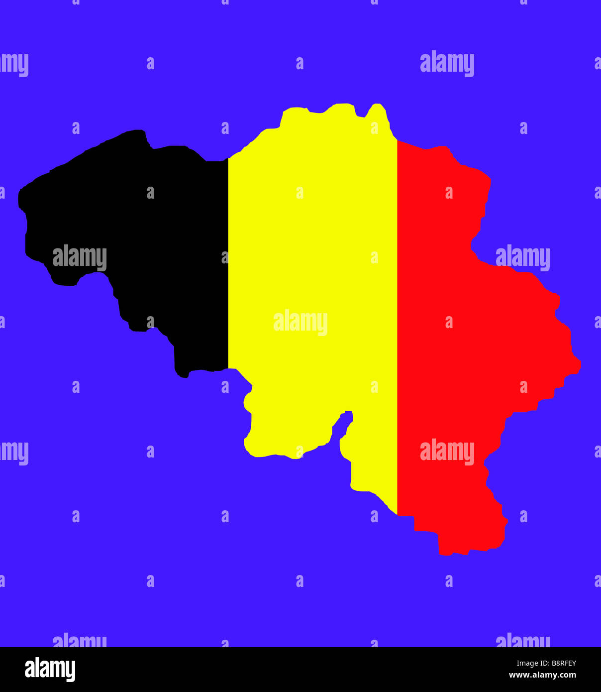Karte von Belgien mit Nationalflagge Farben auf blauem Hintergrund mit Beschneidungspfad isoliert Stockfoto