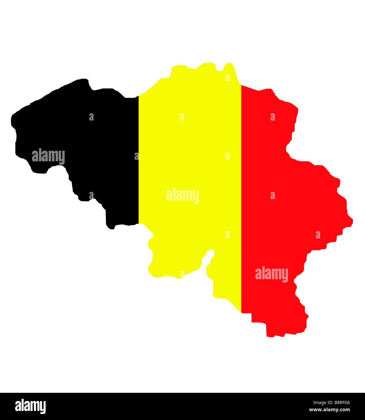 Karte von Belgien mit Nationalflagge Farben isoliert auf weißem Hintergrund mit Beschneidungspfad Stockfoto