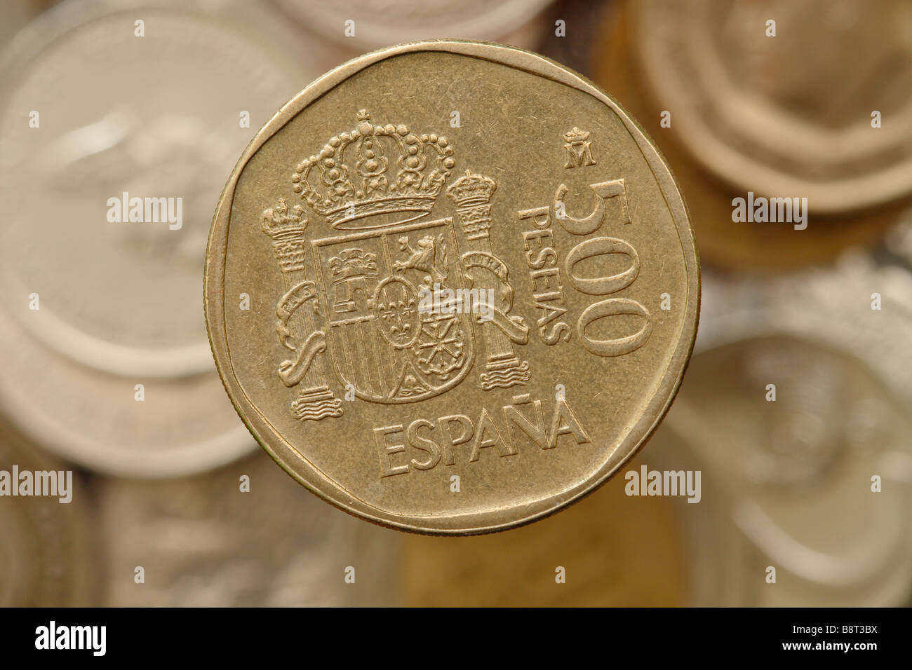 Spanien Spanisch 500 Peseten-Münze in Spanien vor der Einführung der einheitlichen Währung verwendet Stockfoto