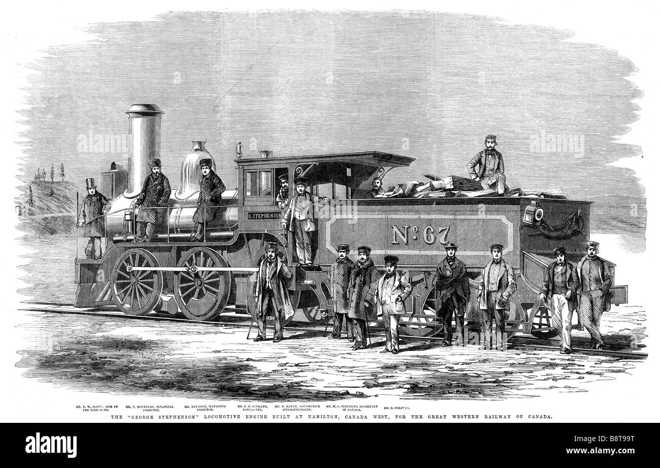 George Stephenson Lokomotive Kanada 1860 Gravur des neuen Motors gebaut Hamilton Ontario für die kanadischen GWR Stockfoto