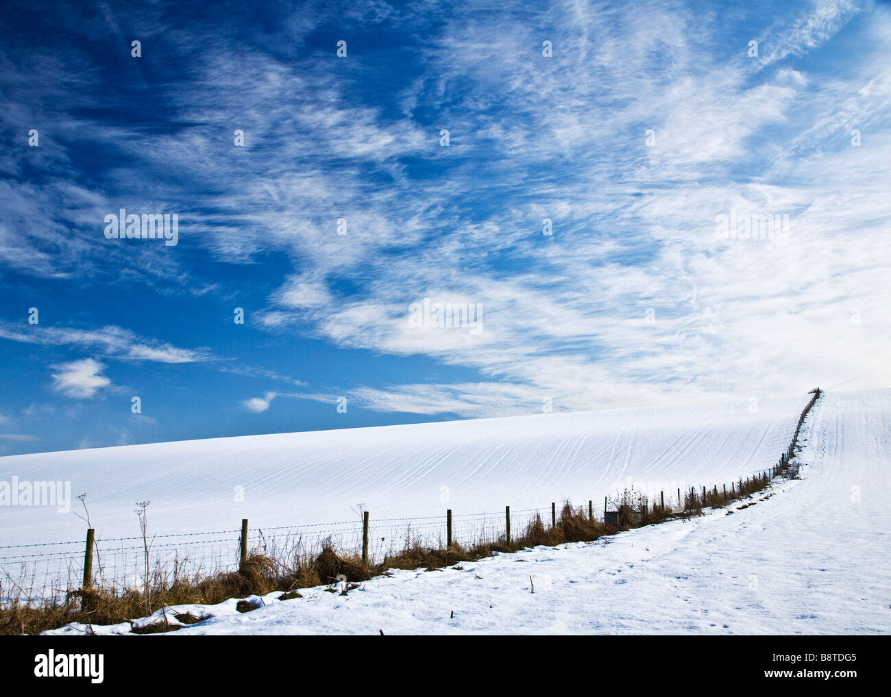 Einen sonnigen verschneiten Winter Landschaftsansicht oder Szene zeigt einen schneebedeckten Feld und Cirrus Wolkenbildung am blauen Himmel Stockfoto