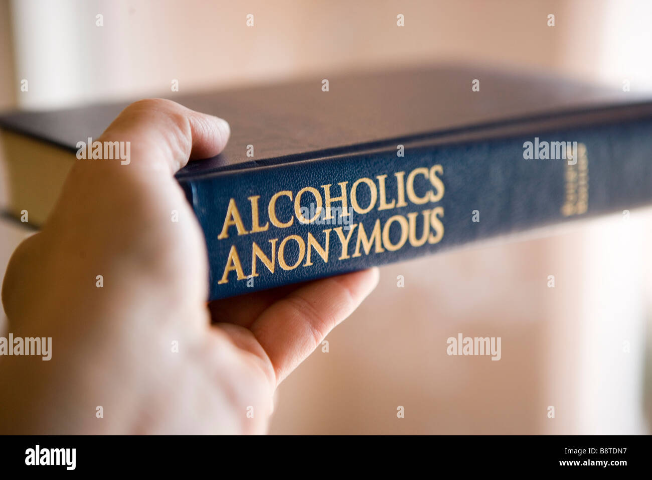 eine Person, die "The Big Book" der Anonymen Alkoholiker Stockfoto