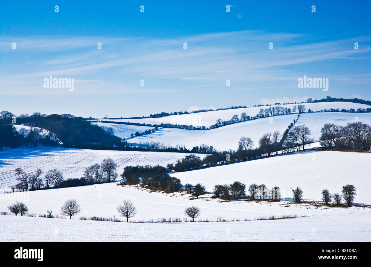 Einen sonnigen verschneiten Landschaftsblick oder eine Filmszene auf den Downs in Wiltshire England UK Stockfoto