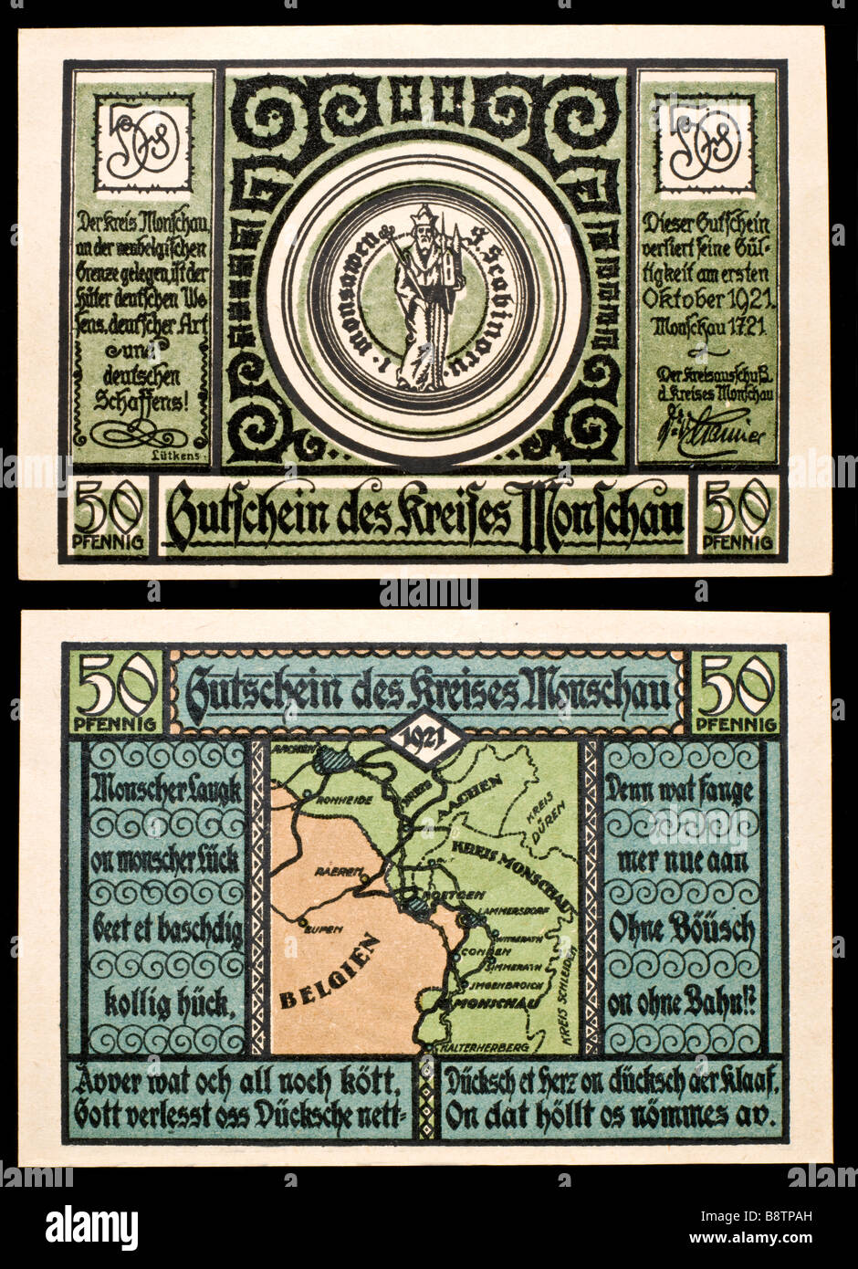 Notgeld, oder Notgeld in Deutschland in den 1920er Jahren verwendet. 50pf Hinweis von Moschau, 1921 Stockfoto