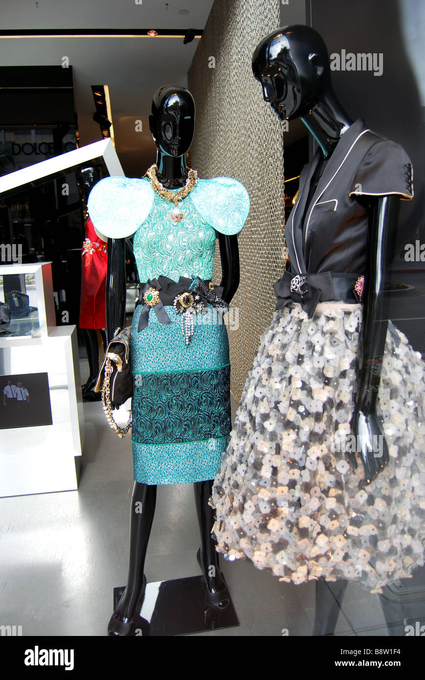 Mode-Boutique Fenster, N.Rodeo Drive, Beverly Hills, Los Angeles, California, Vereinigte Staaten von Amerika Stockfoto