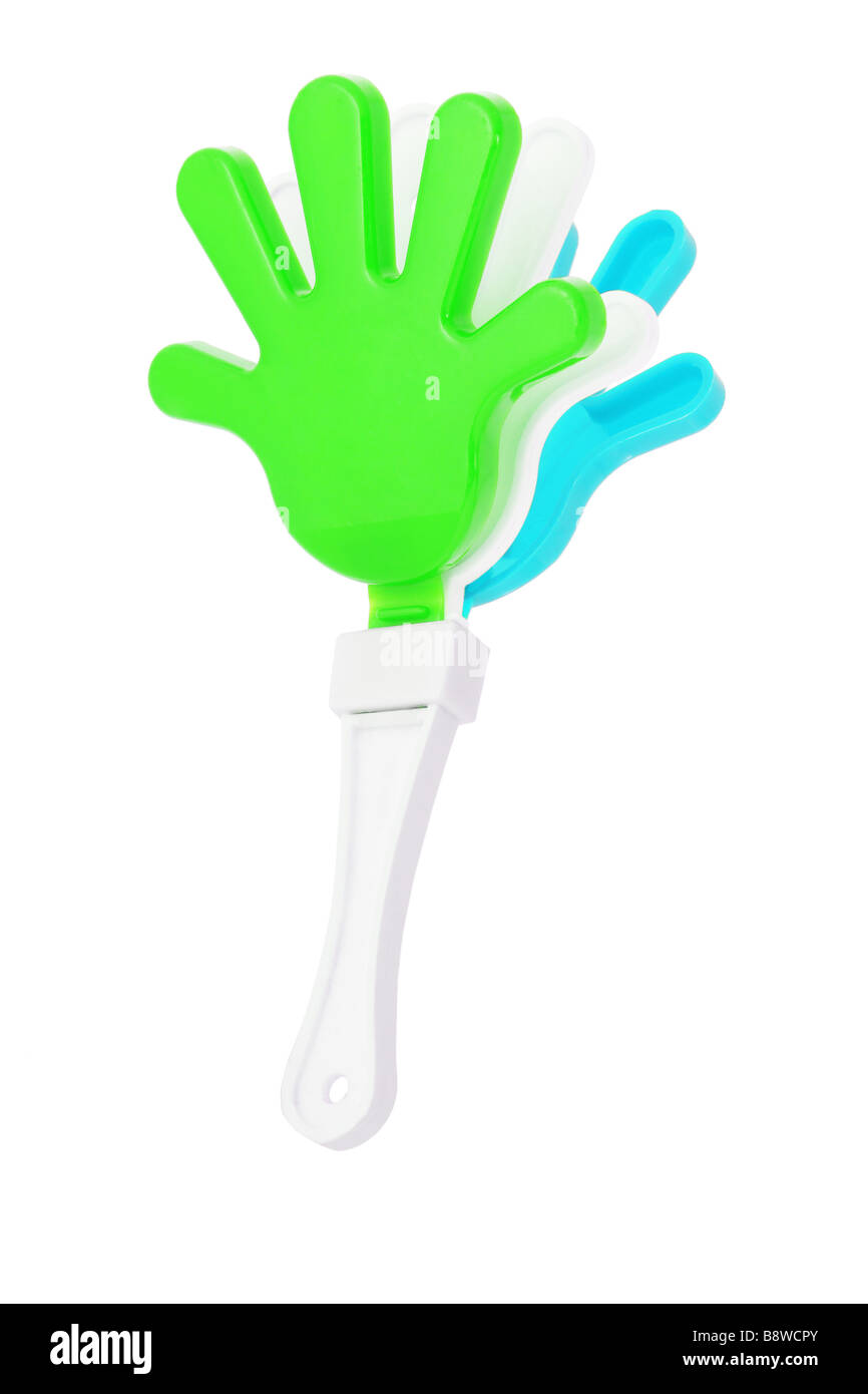 Plastikspielzeug Hand Krachmacher auf weißem Hintergrund Stockfoto