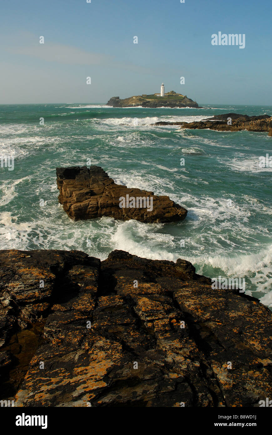 Der Leuchtturm bei Godrevy Point, Cornwall, England Stockfoto
