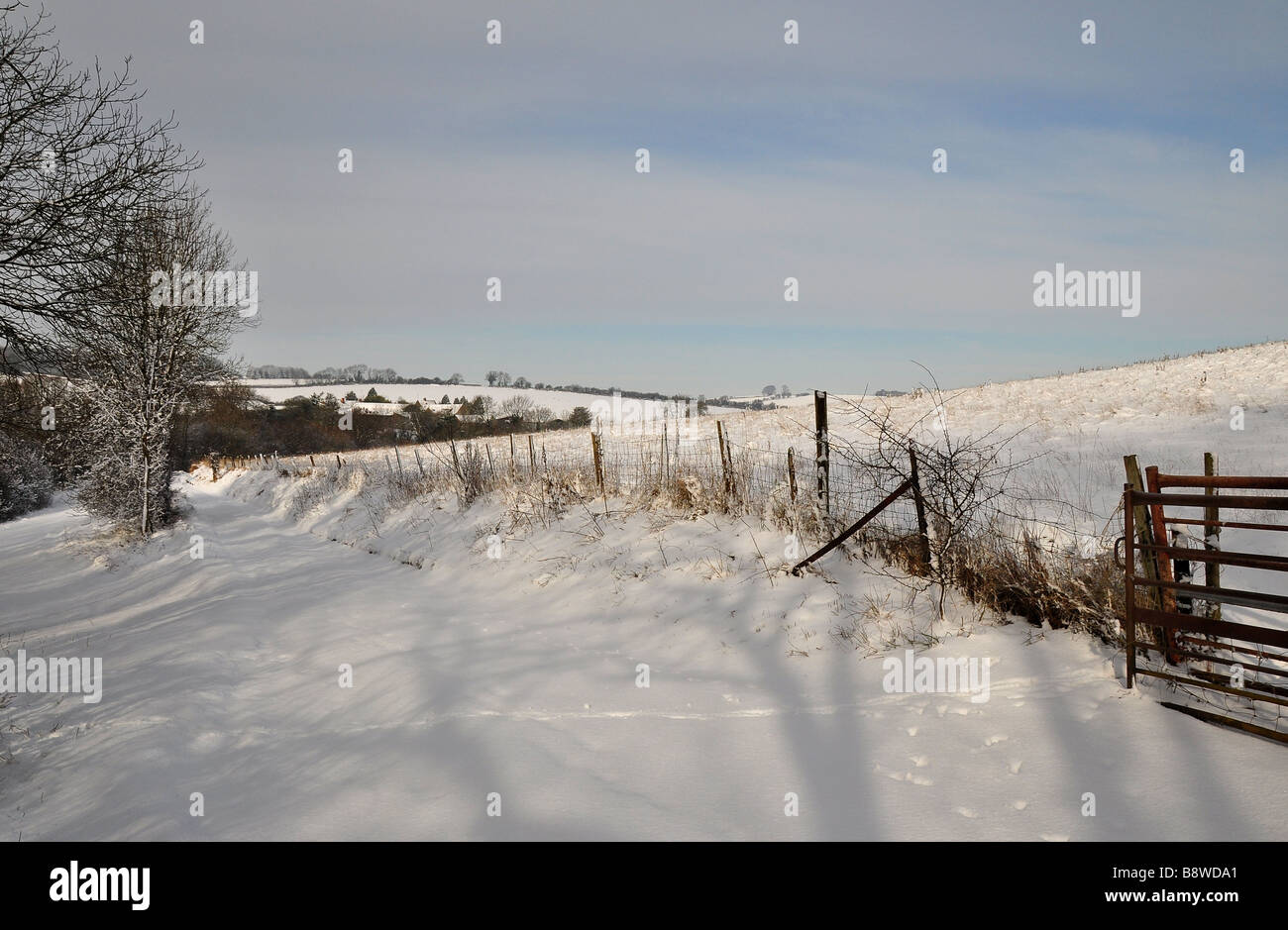 Feldweg schneebedeckt in Cotswolds Stockfoto