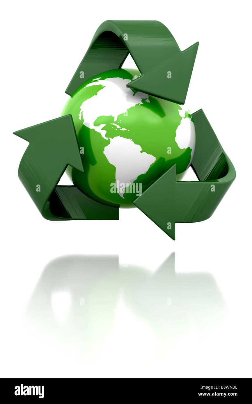 3D Rendern eines Globus mit einem recycling-Symbol Stockfoto