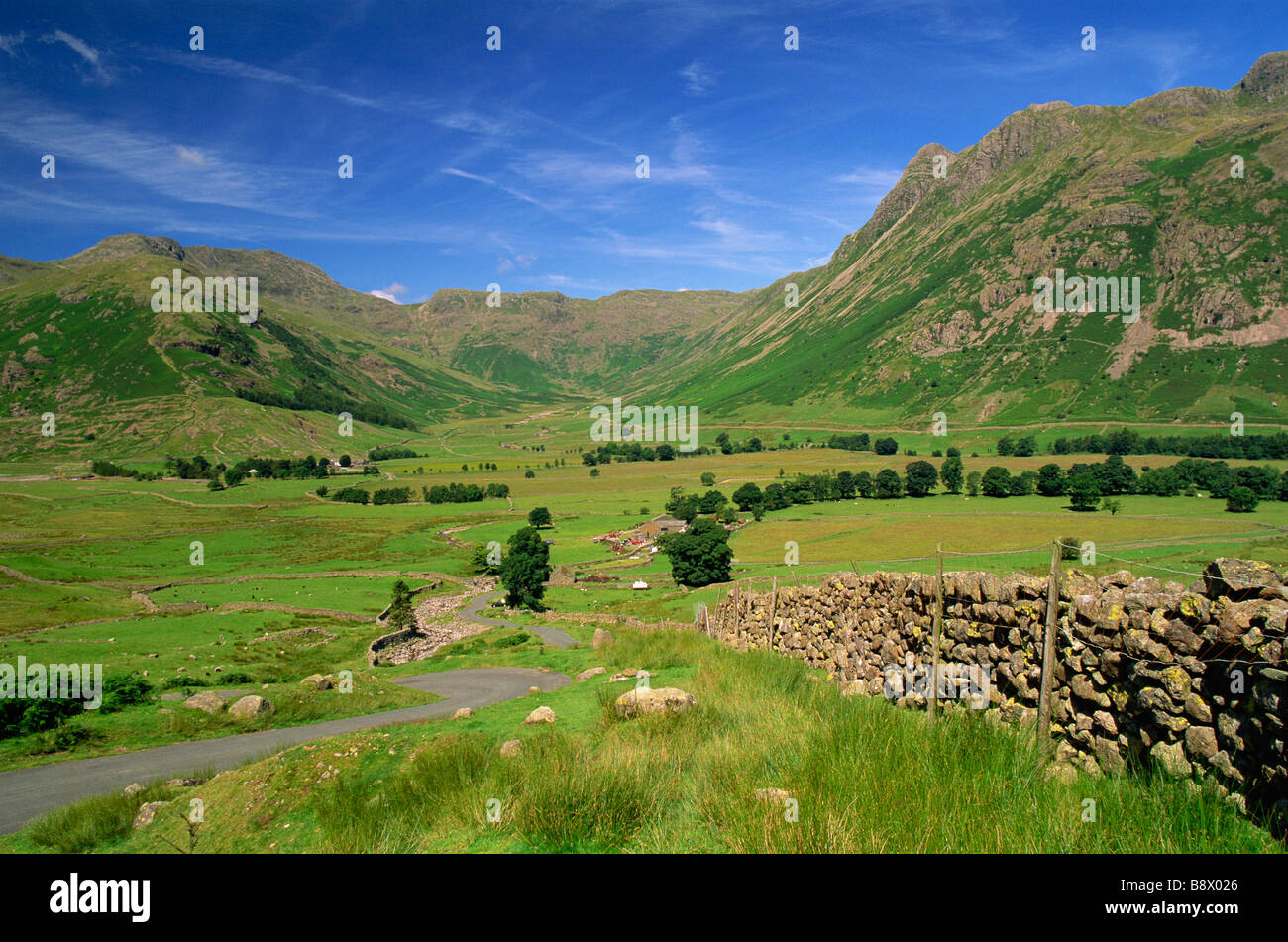 Panoramablick auf Berge, Cumbrian Mountains, Great Langdale, englischen Lake District, Cumbria, England Stockfoto