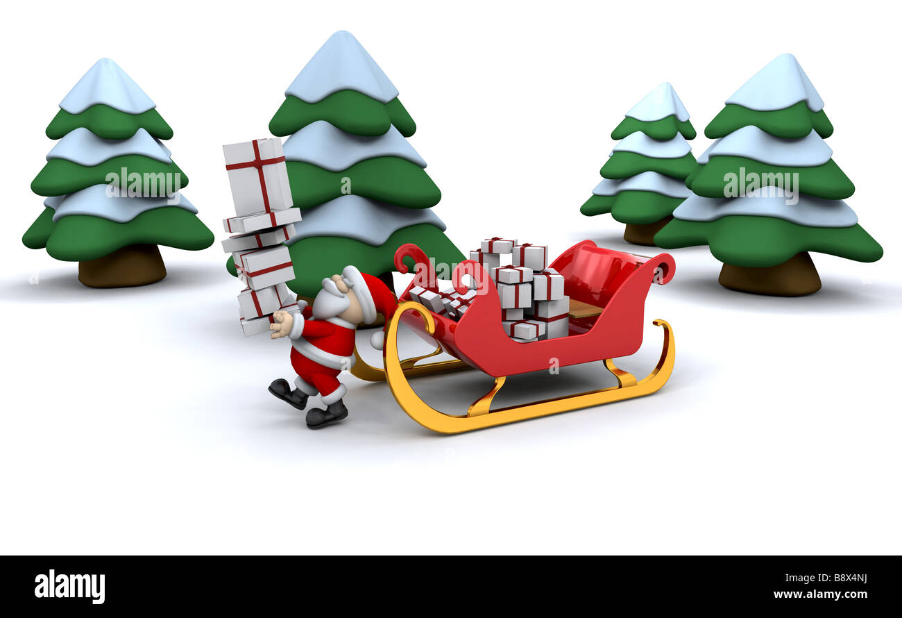 Weihnachtsmann mit einem Schlitten voller Geschenke Stockfoto