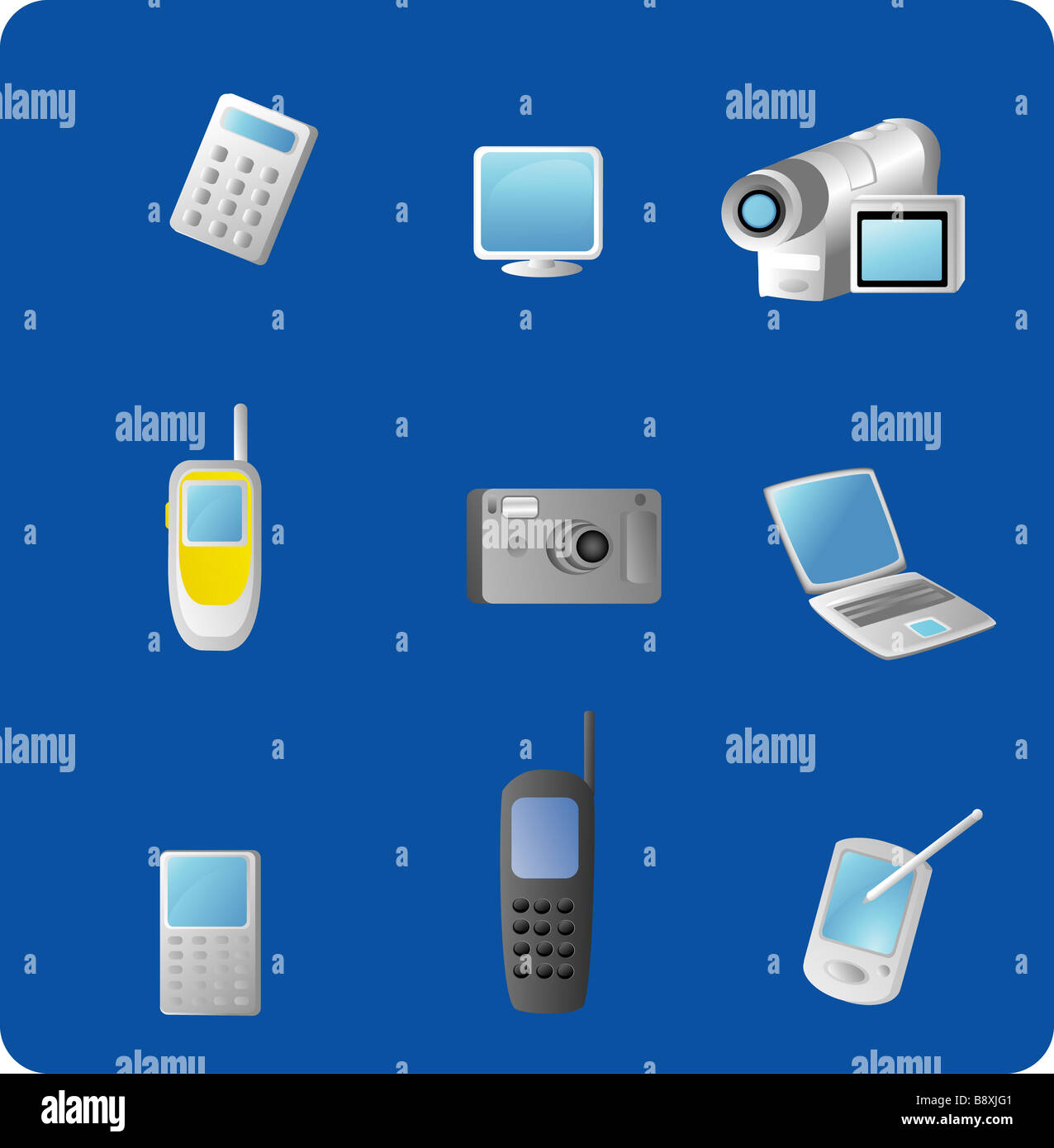 Vektorgrafik von verschiedenen elektronischen Geräten, die auf einem blauen Hintergrund isoliert Stockfoto