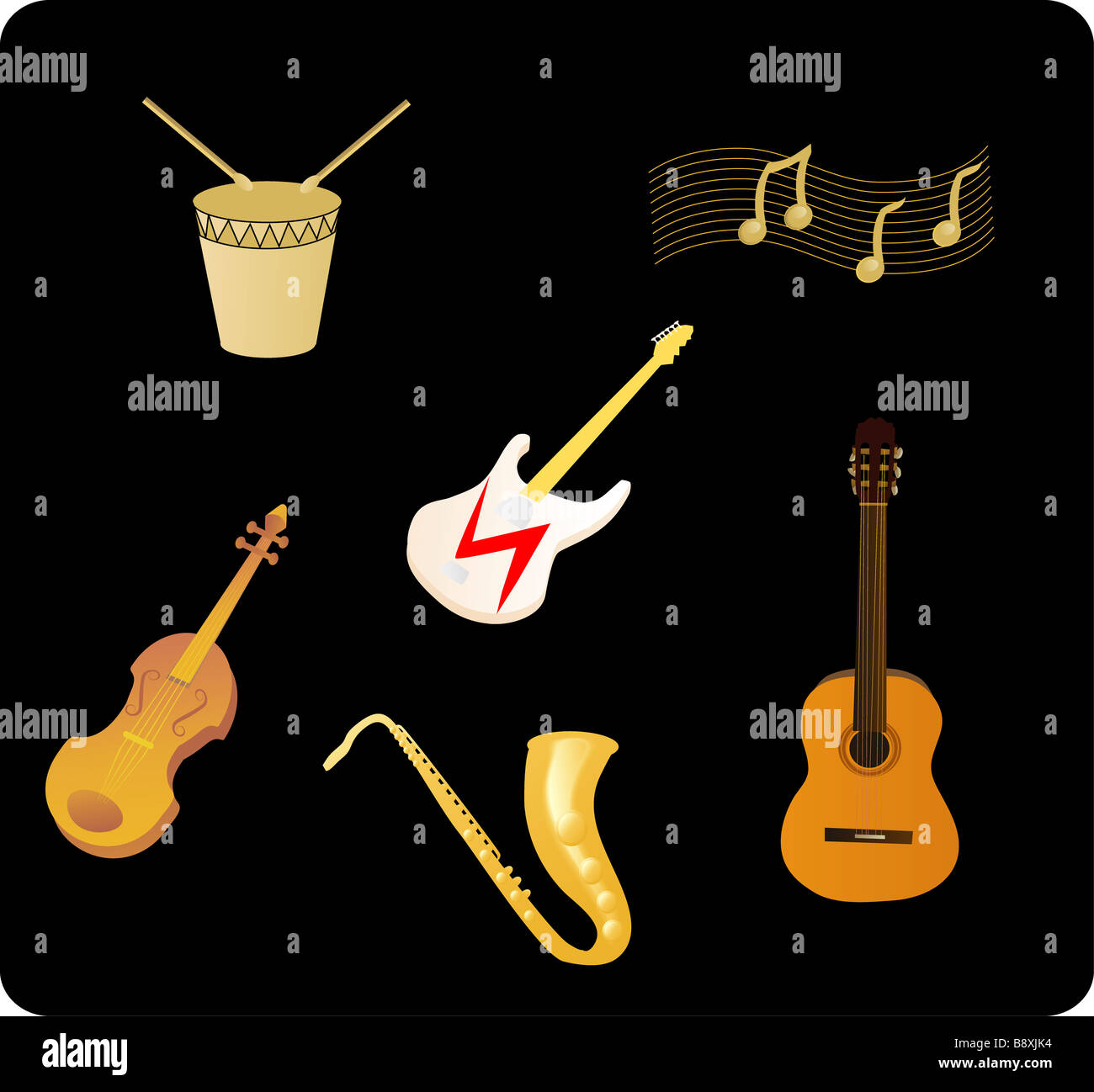 Vektor-Illustration von verschiedenen Musikinstrumenten Stockfoto