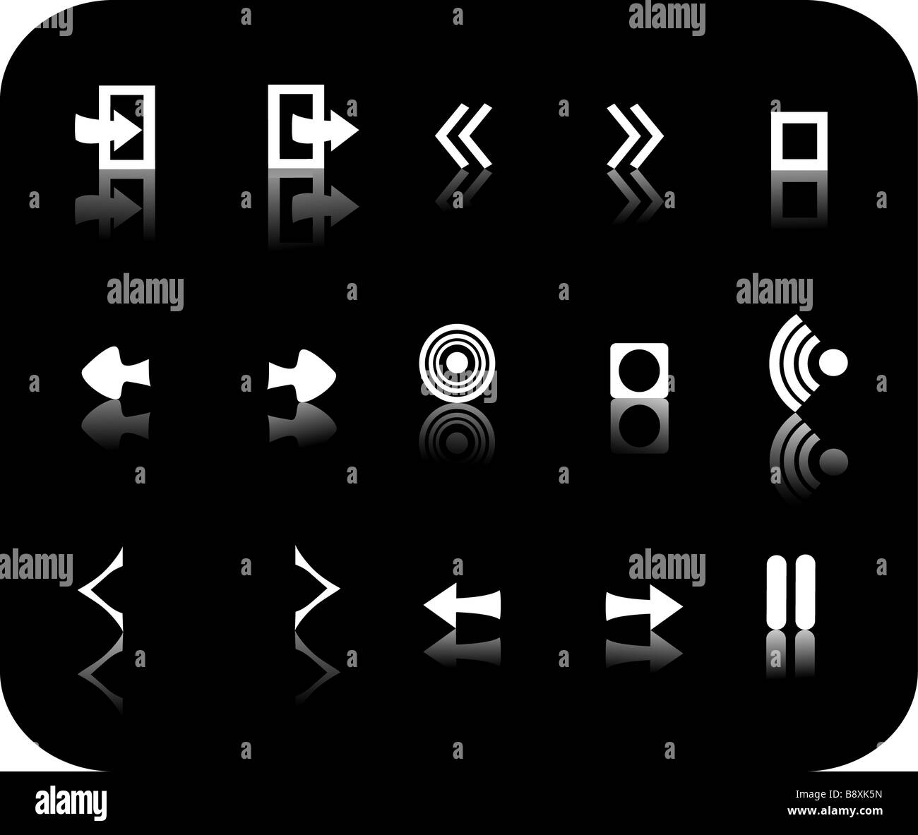 Weiße reflektierende verschiedene Symbole mit einem schwarzen Hintergrund Stockfoto