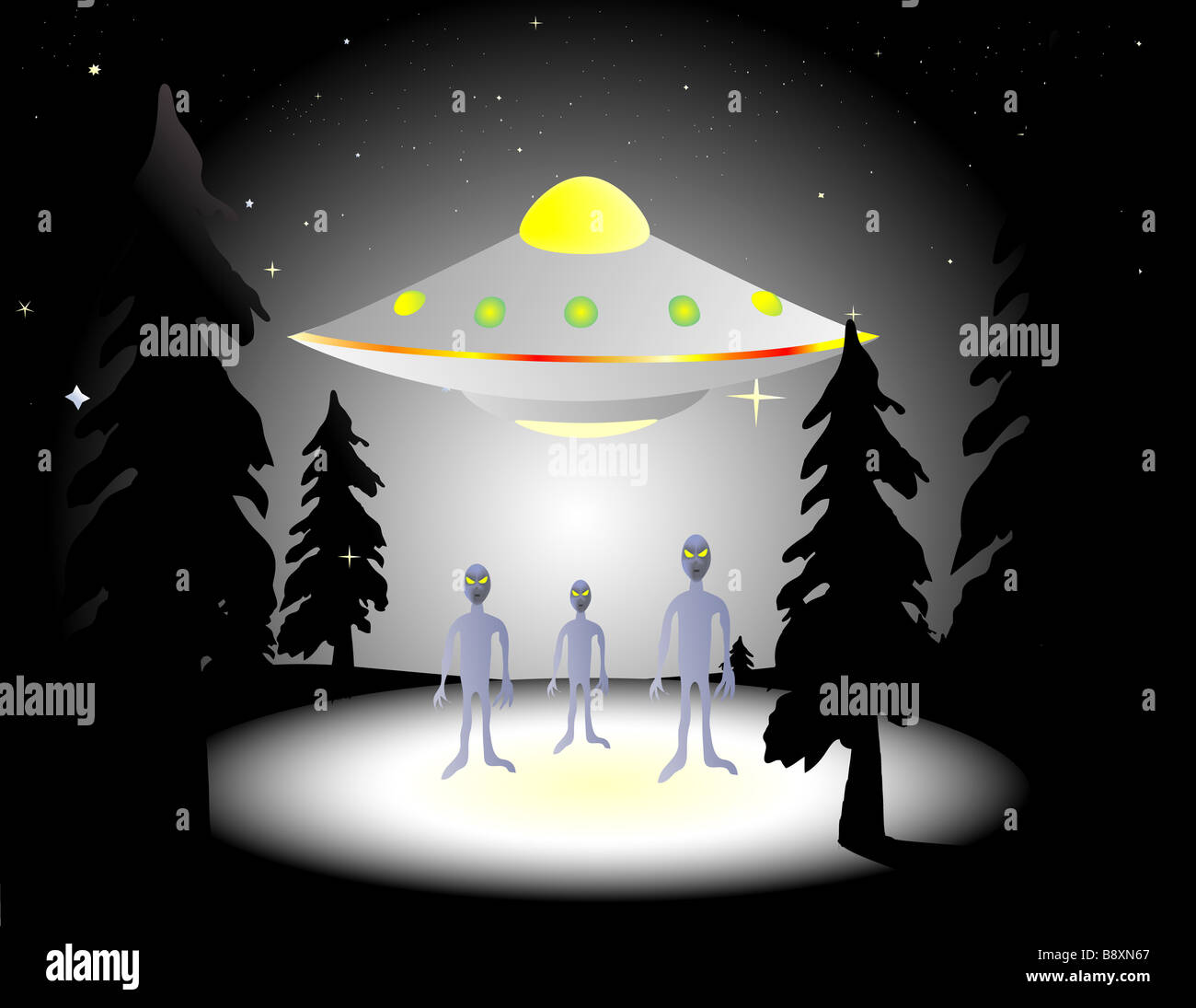 Abbildung von Aliens und fliegende Untertasse im Wald bei Nacht Stockfoto